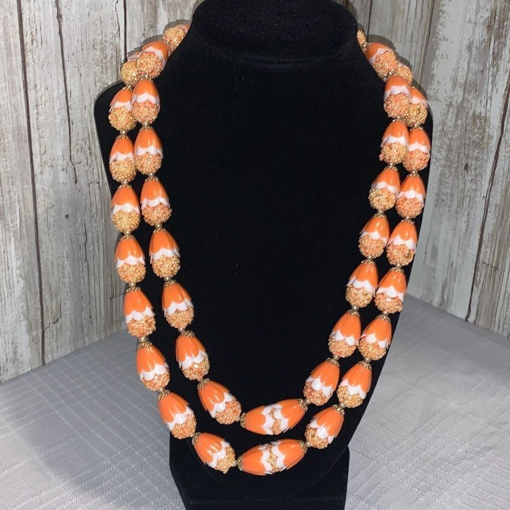 Vintage Coral Plastic Bead Multi‎ Strand Necklace Japan